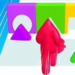 En rød figur bevæger sig mod farverige geometriske former, som matcher åbningerne i strukturen foran