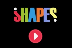 Farverige bogstaver der staver SHAPES med en rød play-knap nedenunder på en sort baggrund