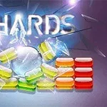 Farverige rektangler i forskellige nuancer, en gennemsigtig kugle, og teksten SHARDS med lyseffekter