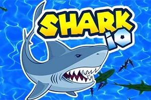 En tegneseriehaj med store, skarpe tænder svømmer i blå bølger med ordet Shark io i fed, gul og hvid skrift ovenfor