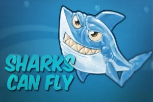 En tegneseriehaj med et stort grinende ansigt, svømmer i en blå baggrund med teksten Sharks Can Fly