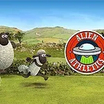 Tre animerede får hopper over en halmballe i en grøn eng med et emblem, der siger Alien Athletics, mod en bakket landskab baggrund