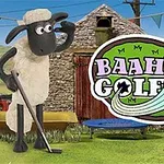 En animeret får står med en golfkølle foran en staldbygning, mens et stort skilt med teksten Baahmy Golf er synligt i forgrunden