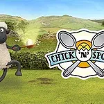 En animeret får løber med en stegepande nær et skilt med to krydsede skeer og teksten Chick N Spoon i et grønt landskab