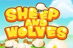 Stor, farverig tekst med ordet SHEEP i orange boblebogstaver og et får med sort ansigt placeret i midten, omgivet af fåreskyer og hegn