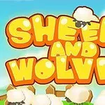 Stor, farverig tekst med ordet SHEEP i orange boblebogstaver og et får med sort ansigt placeret i midten, omgivet af fåreskyer og hegn