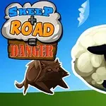 En tegneserieagtig illustration med en sortfåret får og en brun ulv på en grøn bakke, samt teksten Sheep Road Danger på kreativ baggrund