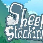 Sky-blå baggrund med bjerglandskab og teksten Sheep Stacking i midten