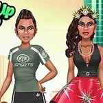 To animerede figurer er klædt i forskellige stilarter med teksten Dress Up Who i hjørnet