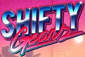 Teksten Shifty Gears i en retro 80er-stil med en baggrund af solnedgang og palmer