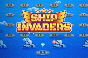 Tekst med Ship Invaders med et vinget design og stjerner i et havtema med flydende skibe og klipper