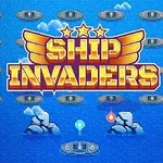 Tekst med Ship Invaders med et vinget design og stjerner i et havtema med flydende skibe og klipper