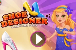 Tegneseriepige i blåt kjole med to farverige sko og teksten Shoe Designer