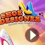Tegneseriepige i blåt kjole med to farverige sko og teksten Shoe Designer