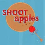 En illustration af et målbræt med en rød æble, der bliver ramt af en pil, og teksten SHOOT apples