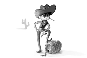 En tegnet cowboyfigur med hat og pistol står med en fod på en trætønde i en ørkenlignende scene med en kaktus