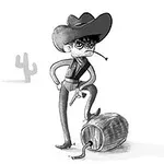 En tegnet cowboyfigur med hat og pistol står med en fod på en trætønde i en ørkenlignende scene med en kaktus