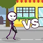 To stregfigurer står overfor hinanden foran en butik med et VS skilt imellem dem