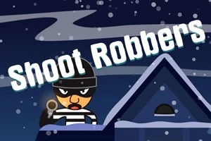 En tegneserie-figur med maske og stribet trøje står på et tag med en pistol, mens der ses Shoot Robbers i store bogstaver