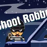 En tegneserie-figur med maske og stribet trøje står på et tag med en pistol, mens der ses Shoot Robbers i store bogstaver