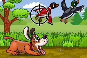 En tegneseriehund i en skov, der ser op på to flyvende ænder, hvoraf den ene er under et sigtekorn