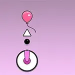 Lyserød ballon, trekant, sort prik og hvid cirkel med en lyserød knap på en lilla baggrund