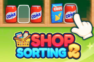 En hylde med sodavandsdåser og chips, et animeret pegende håndikon samt ordet Shop Sorting