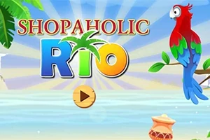 Papegøje sidder på en gren ved en strand med teksten Shopaholic Rio i farverige bogstaver
