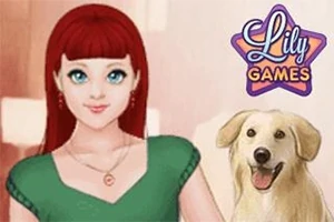 En ung kvinde med rødt hår i en grøn bluse står ved siden af en lys hund, med teksten Lily Games i baggrunden