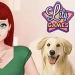 En ung kvinde med rødt hår i en grøn bluse står ved siden af en lys hund, med teksten Lily Games i baggrunden