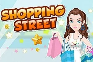 Tegneseriefigur med brunt hår holder indkøbsposer, omgivet af stjerner og mønter, med teksten Shopping Street øverst