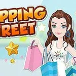 Tegneseriefigur med brunt hår holder indkøbsposer, omgivet af stjerner og mønter, med teksten Shopping Street øverst