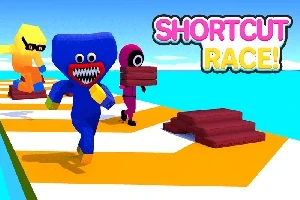 Tre farverige figurer løber på en stribeformet bane, mens de bærer planker, med teksten SHORTCUT RACE!