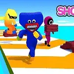 Tre farverige figurer løber på en stribeformet bane, mens de bærer planker, med teksten SHORTCUT RACE!