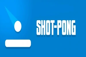 Blå baggrund med hvid tekst SHOT-PONG ved siden af en hvid cirkel og rektangel med en skrå skyggeeffekt