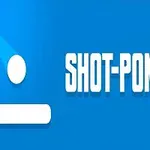 Blå baggrund med hvid tekst SHOT-PONG ved siden af en hvid cirkel og rektangel med en skrå skyggeeffekt