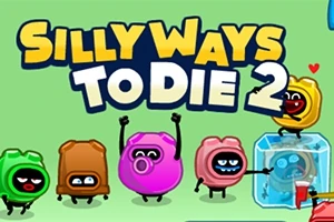 Tegnefilmfigurer med forskellige ansigtsudtryk står foran teksten Silly Ways To Die 2 på en grøn baggrund
