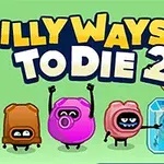Tegnefilmfigurer med forskellige ansigtsudtryk står foran teksten Silly Ways To Die 2 på en grøn baggrund