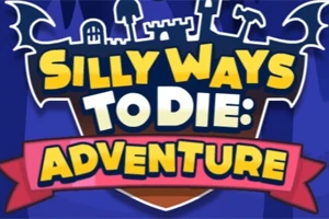 Farverigt logo med teksten Silly Ways to Die: Adventure med en mørk blå baggrund og silhouetter af slottelementer øverst