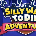 Farverigt logo med teksten Silly Ways to Die: Adventure med en mørk blå baggrund og silhouetter af slottelementer øverst