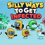 Tegneseriefigurer i beskyttelsesdragter og mundbind interagerer med et virus og en vask på en blå baggrund