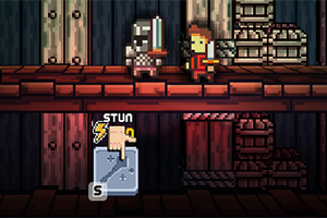 To pixel-karakterer i ridderrustning står over for hinanden med sværd på en platform i et spilagtigt miljø, mens en hånd-ikon og en bokshandske indikerer en handling