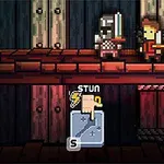 To pixel-karakterer i ridderrustning står over for hinanden med sværd på en platform i et spilagtigt miljø, mens en hånd-ikon og en bokshandske indikerer en handling
