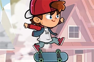 En animeret dreng i rød kasket skater på et skateboard foran et hus