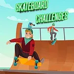 Tegning af tre personer, der laver tricks på skateboards på en halvpipe mod en blå himmel med teksten Skateboard Challenges øverst