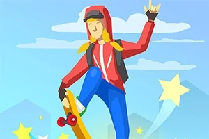 Animeret person i rød hættetrøje på skateboard, omringet af stjerner mod en blå himmel