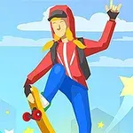 Animeret person i rød hættetrøje på skateboard, omringet af stjerner mod en blå himmel