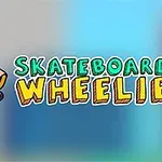 En tegneseriefigur iført en rød T-shirt og gul kasket laver et trick på et skateboard, ved siden af teksten Skateboard Wheelie på en farverig baggrund