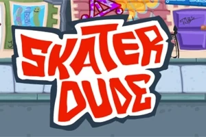 Grafisk illustration med teksten Skater Dude i store, røde bogstaver foran en farverig urban baggrund med graffiti og butiksfacader
