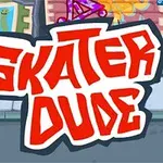 Grafisk illustration med teksten Skater Dude i store, røde bogstaver foran en farverig urban baggrund med graffiti og butiksfacader